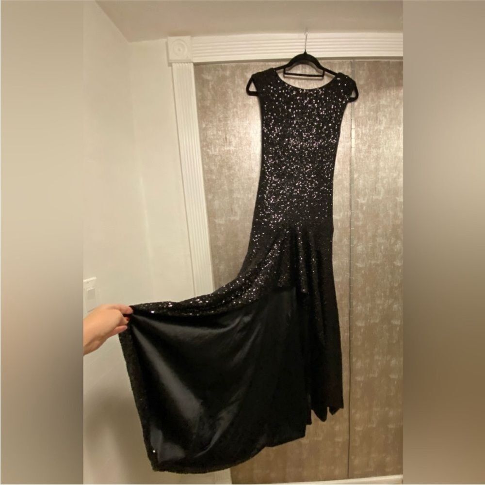 Pearl Georgina Chapman Elegant Black Sequin Evening high low Gown, US0